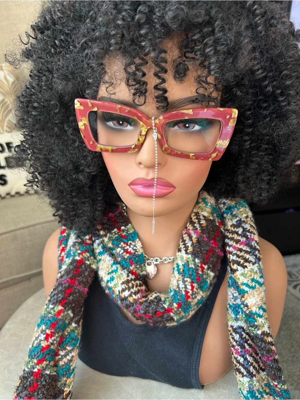 Red Floral Cat-Eye Sunglasses with Rhinestone Nose Chain